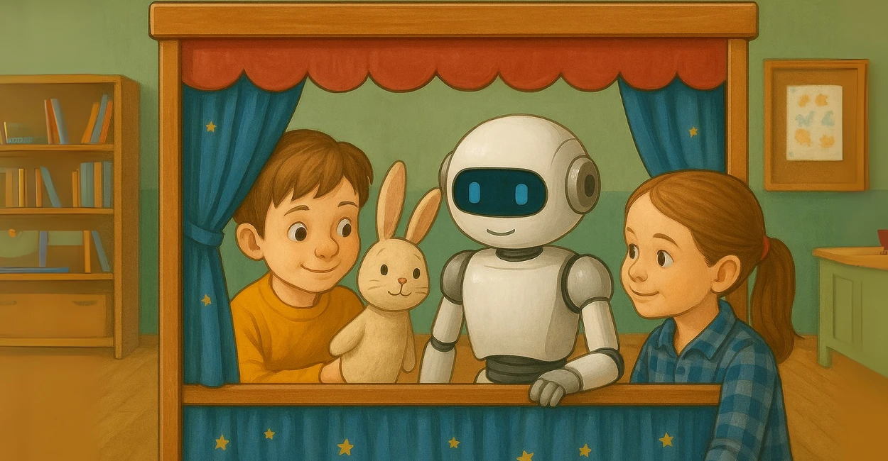 Crianças brincando em sala de aula com brinquedos pedagógicos e educadora ao fundo organizando atividades estruturadas